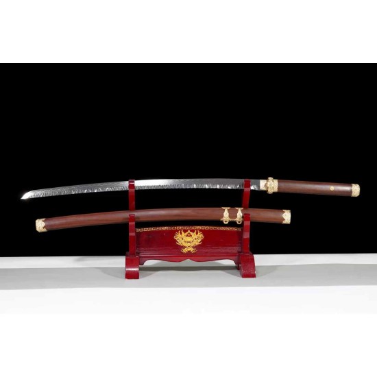 Short Knife with Copper Mounting and Wavy Damascus Pattern, titled 