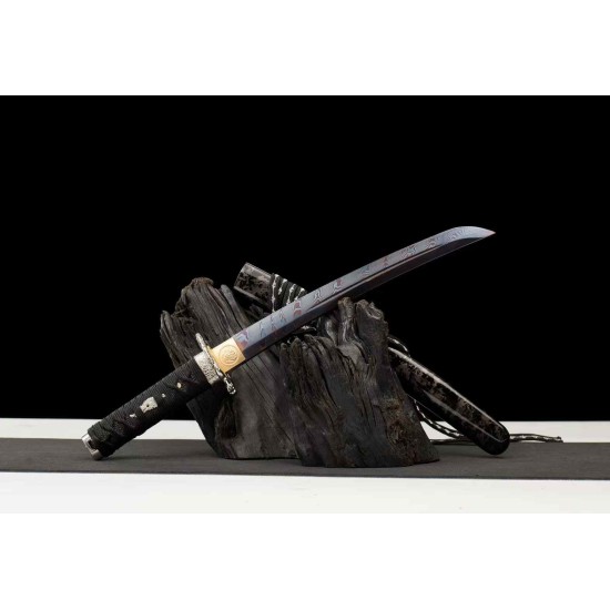 260813-1 Damascus pattern small black ball short sword