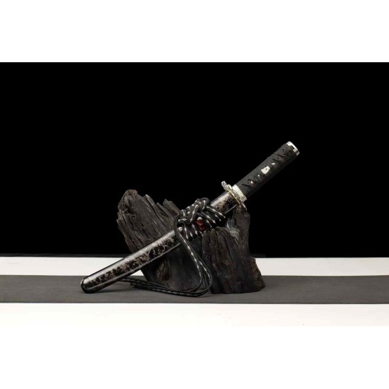 260813-1 Damascus pattern small black ball short sword