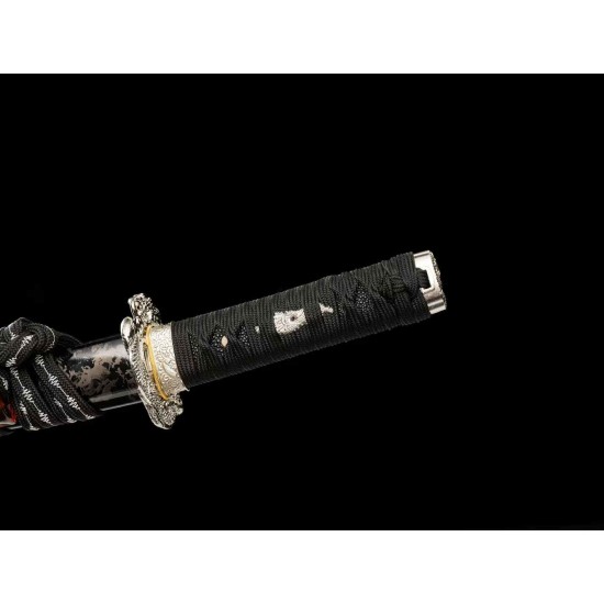 260813-1 Damascus pattern small black ball short sword