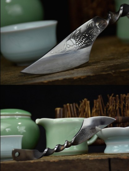 Longquan integrated handmade tea knife stainless steel Pu'er black tea ceremony accessories ancient horse wave flower tea knife kung fu tea set