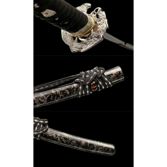 260813-1 Damascus pattern small black ball short sword