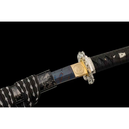 260813-1 Damascus pattern small black ball short sword