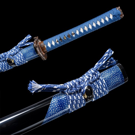 Longquan City Sword Pattern Steel forging Japanese-style upper-handed bull-horn pearl fish leather sheath command knife 376-432